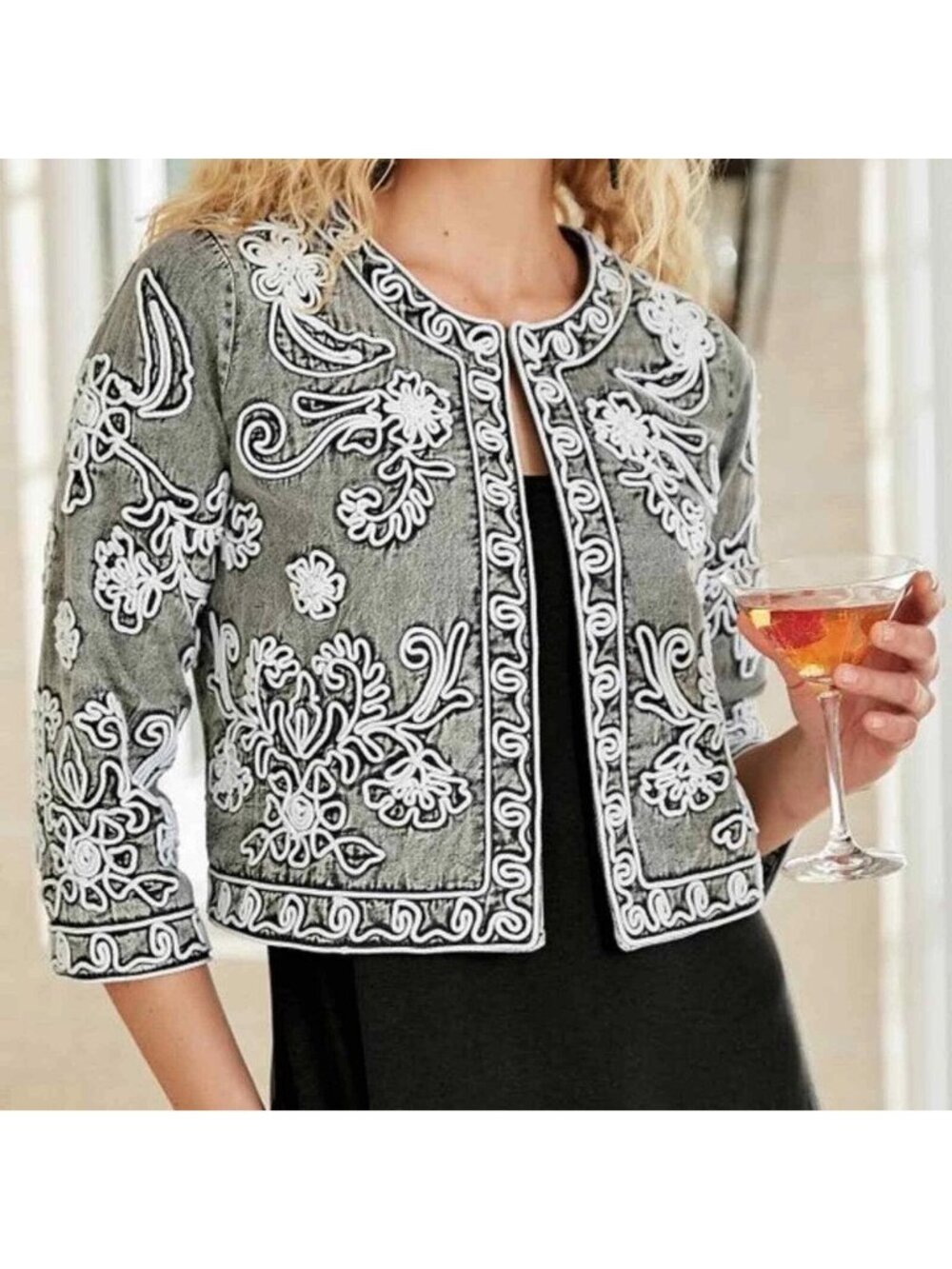 Soft Surroundings Wildwood Embroidered Cropped Bolero Jacket Size M